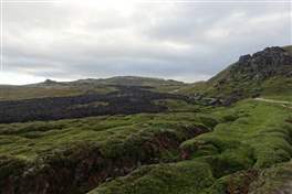 Il vulcano attivo Leirhnjukur, caldera del Krafla: contrasto con il verde dell'erba