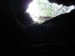 Grotta dei Ladroni, Mount Etna:  the several steps, cut into the lavic rocks, that allow you to visit it